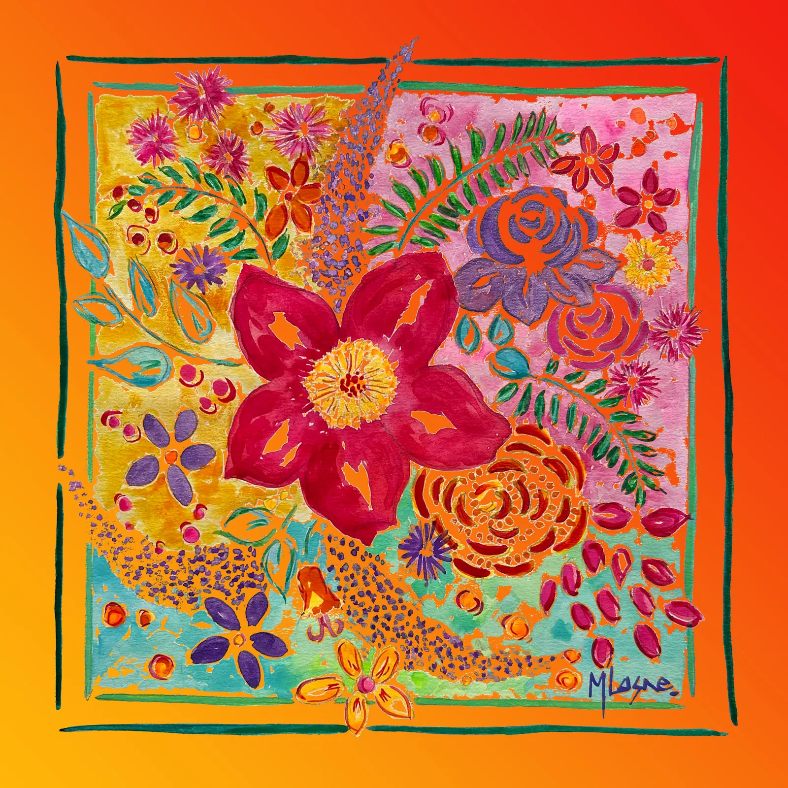 Foulard Hibiscus Rouge dégradé orange en soie