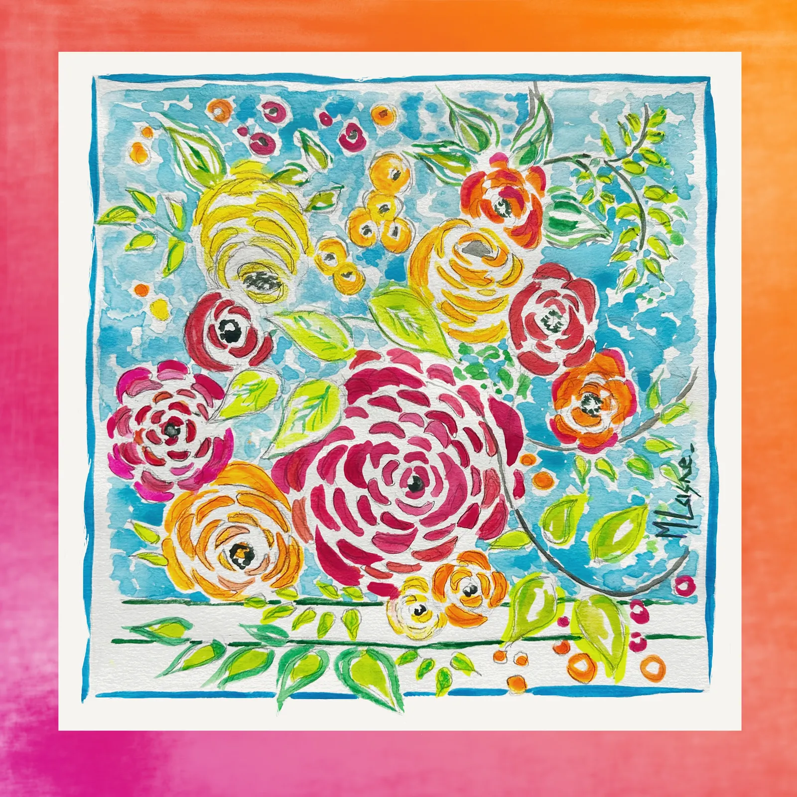 Foulard Pivoines Rose dégradé orange fond blanc en mousseline et satin de soie